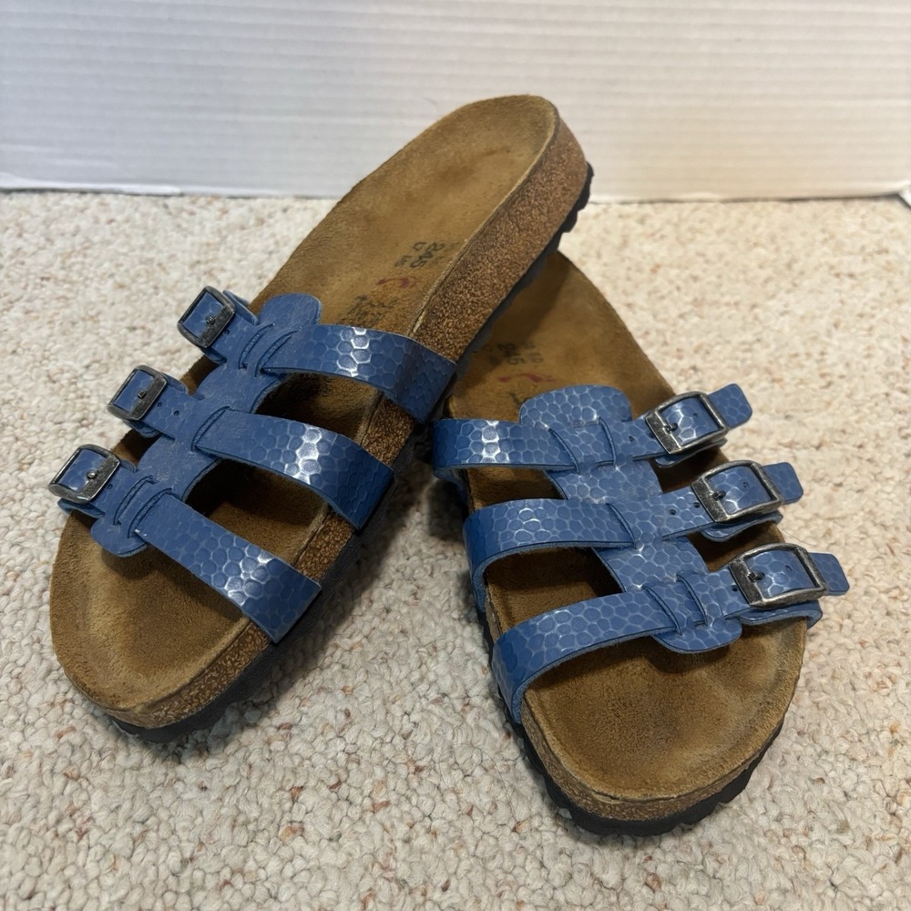 Women's 38/ 7 Birki's Birkenstock Xenia Three Strap Blue Slide Sandals w Buckles